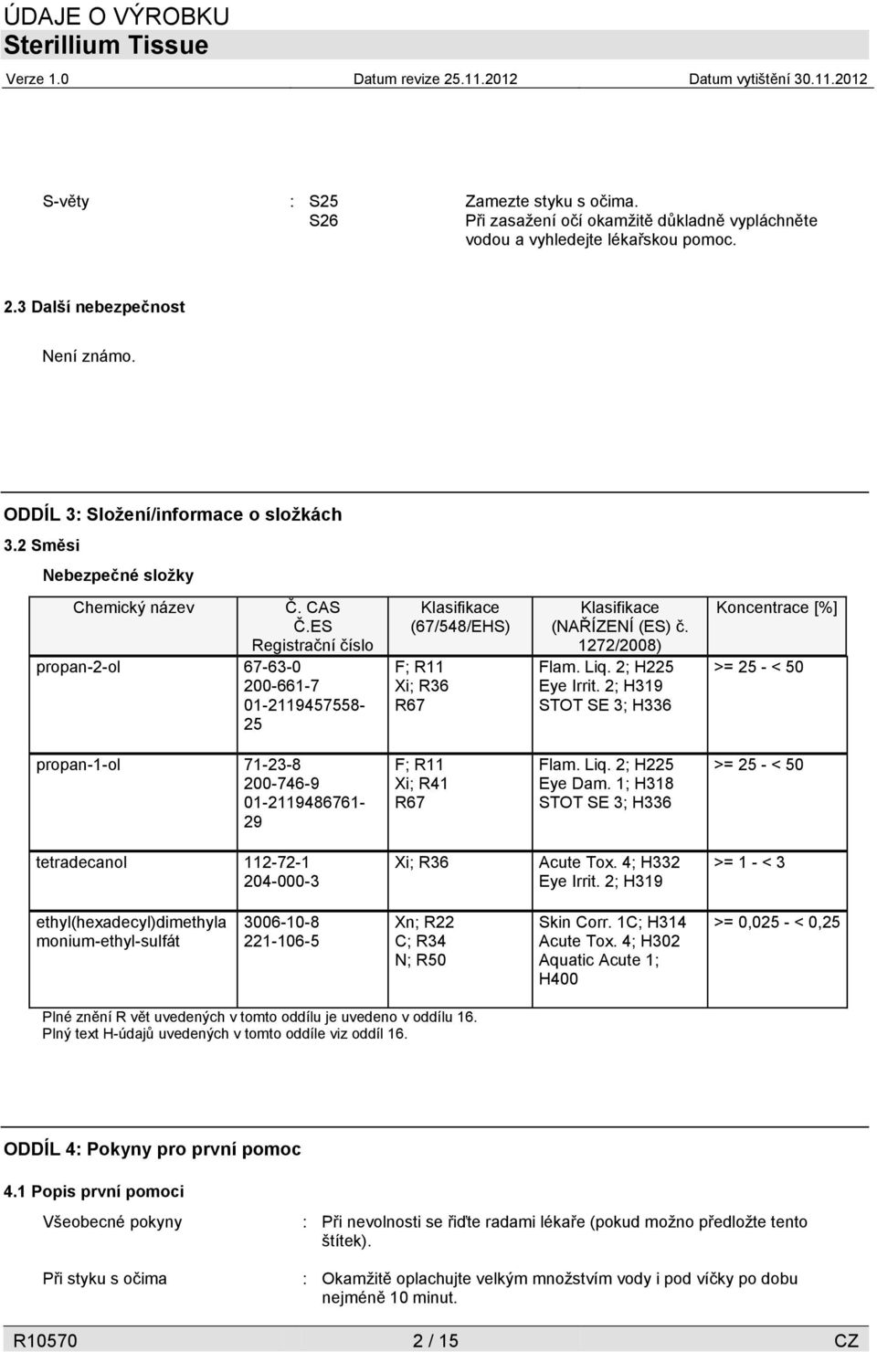 1272/2008) Flam. Liq. 2; H225 Eye Irrit. 2; H319 STOT SE 3; H336 Koncentrace [%] >= 25 - < 50 propan-1-ol 71-23-8 200-746-9 01-2119486761- 29 F; R11 Xi; R41 R67 Flam. Liq. 2; H225 Eye Dam.