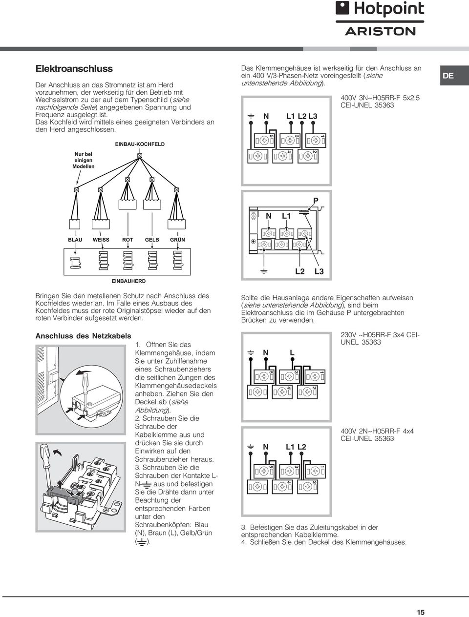 Das Klemmengehäuse ist werkseitig für den nschluss an ein 00 V/-Phasen-Netz voreingestellt (siehe untenstehende bbildung). N L L L 00V N~H0RR- x.