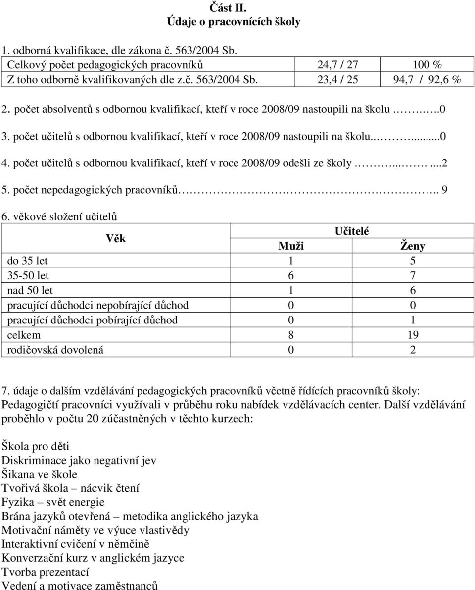 počet učitelů s odbornou kvalifikací, kteří v roce 2008/09 odešli ze školy........2 5. počet nepedagogických pracovníků.. 9 6.