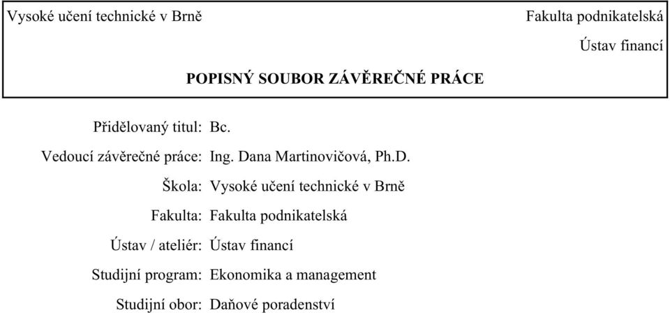 Dana Martinovičová, Ph.D. Škola: Vysoké učení technické v Brně Fakulta: Fakulta