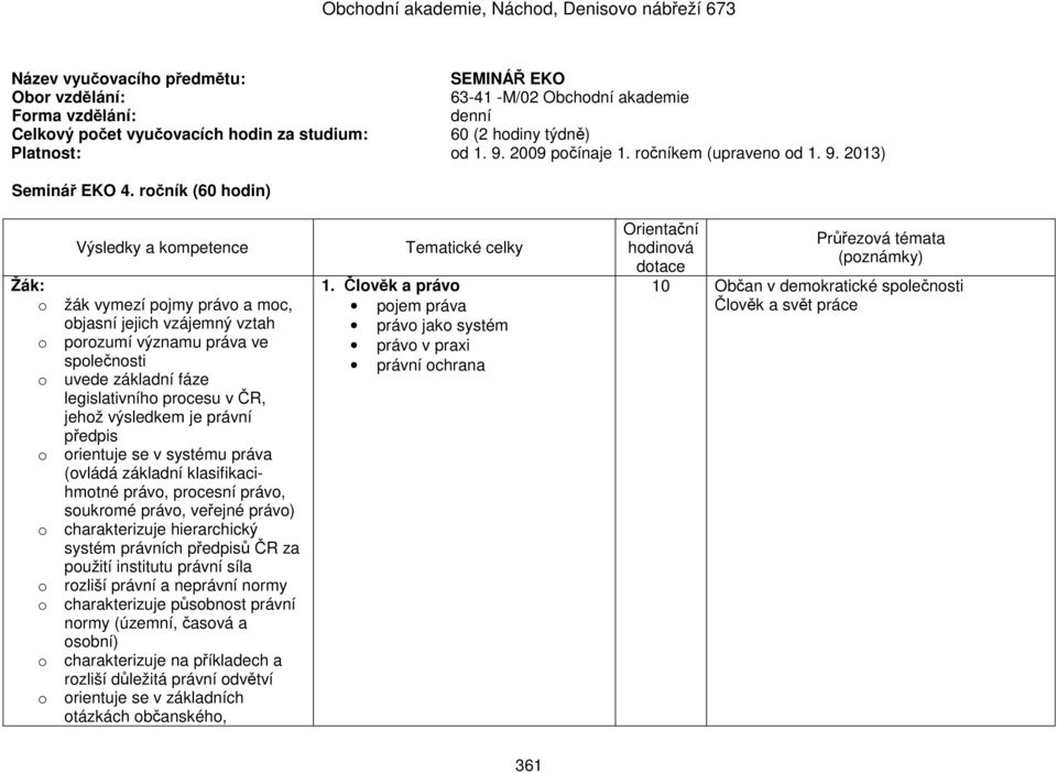 ročník (60 hodin) Žák: o žák vymezí pojmy právo a moc, objasní jejich vzájemný vztah o porozumí významu práva ve společnosti o uvede základní fáze legislativního procesu v ČR, jehož výsledkem je