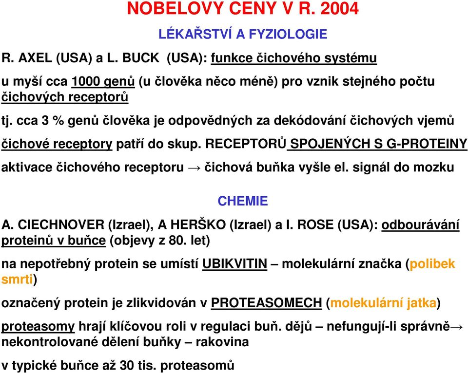 signál do mozku CHEMIE A. CIECHNOVER (Izrael), A HERŠKO (Izrael) a I. ROSE (USA): odbourávání proteinů v buňce (objevy z 80.