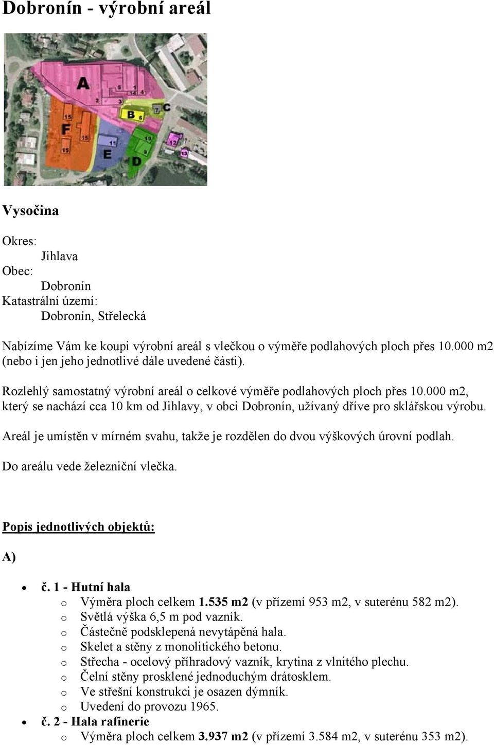 000 m2, který se nachází cca 10 km od Jihlavy, v obci Dobronín, užívaný dříve pro sklářskou výrobu. Areál je umístěn v mírném svahu, takže je rozdělen do dvou výškových úrovní podlah.