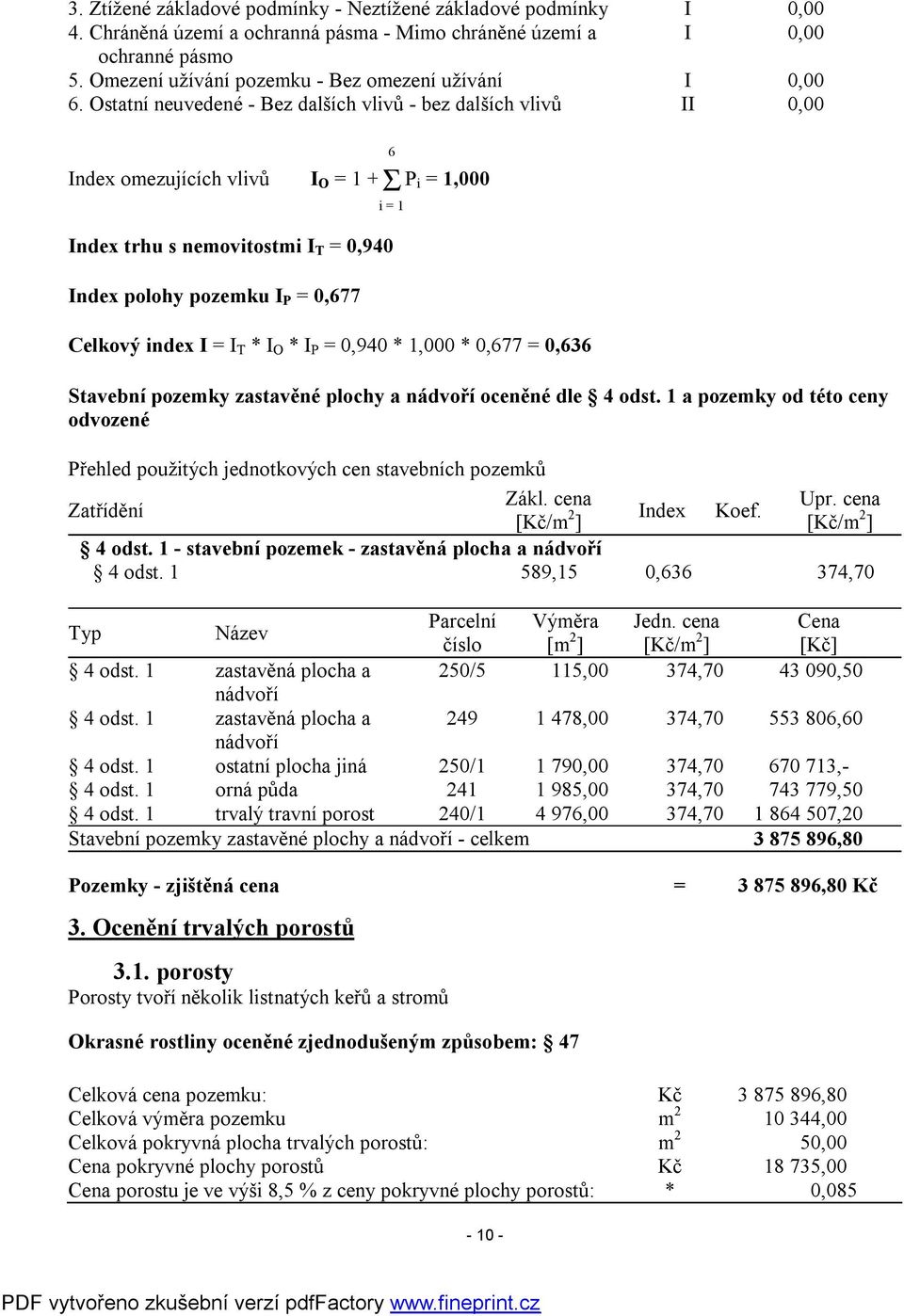 Ostatní neuvedené - Bez dalších vlivů - bez dalších vlivů II 0,00 Index omezujících vlivů I O = 1 +Σ P i = 1,000 Index trhu s nemovitostmi I T = 0,940 Index polohy pozemku I P = 0,677 Celkový index I