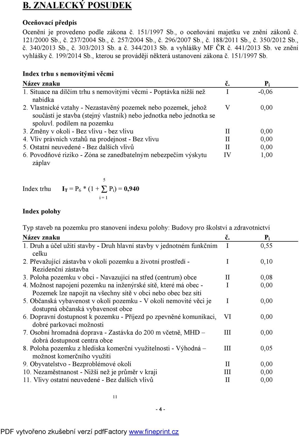 Index trhu s nemovitými věcmi Název znaku č. P i 1. Situace na dílčím trhu s nemovitými věcmi - Poptávka nižší než I -0,06 nabídka 2.