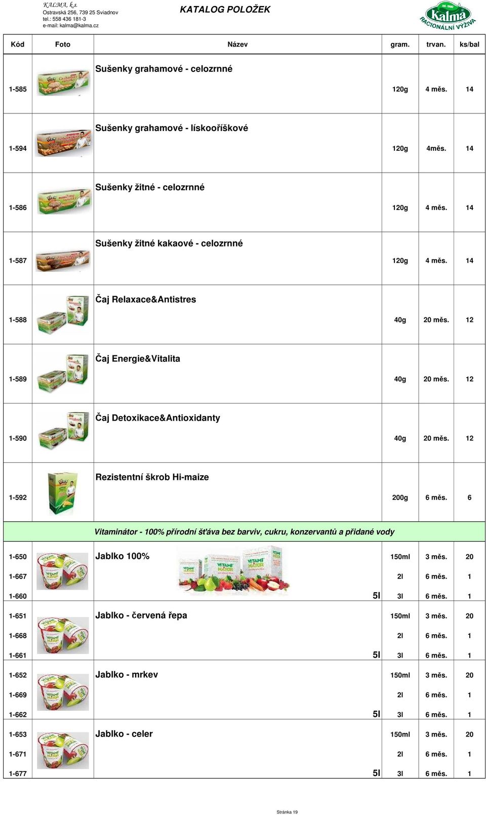 12 Rezistentní škrob Hi-maize 1-592 200g 6 měs. 6 Vitaminátor - 100% přírodní šťáva bez barviv, cukru, konzervantů a přidané vody 1-650 Jablko 100% 150ml 3 měs. 20 1-667 2l 6 měs.