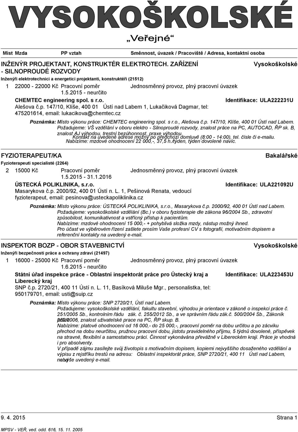 cz Poznámka: Místo výkonu práce: CHEMTEC engineering spol. s r.o., Alešova č.p. 47/0, Klíše, 400 0 Ústí nad Labem.