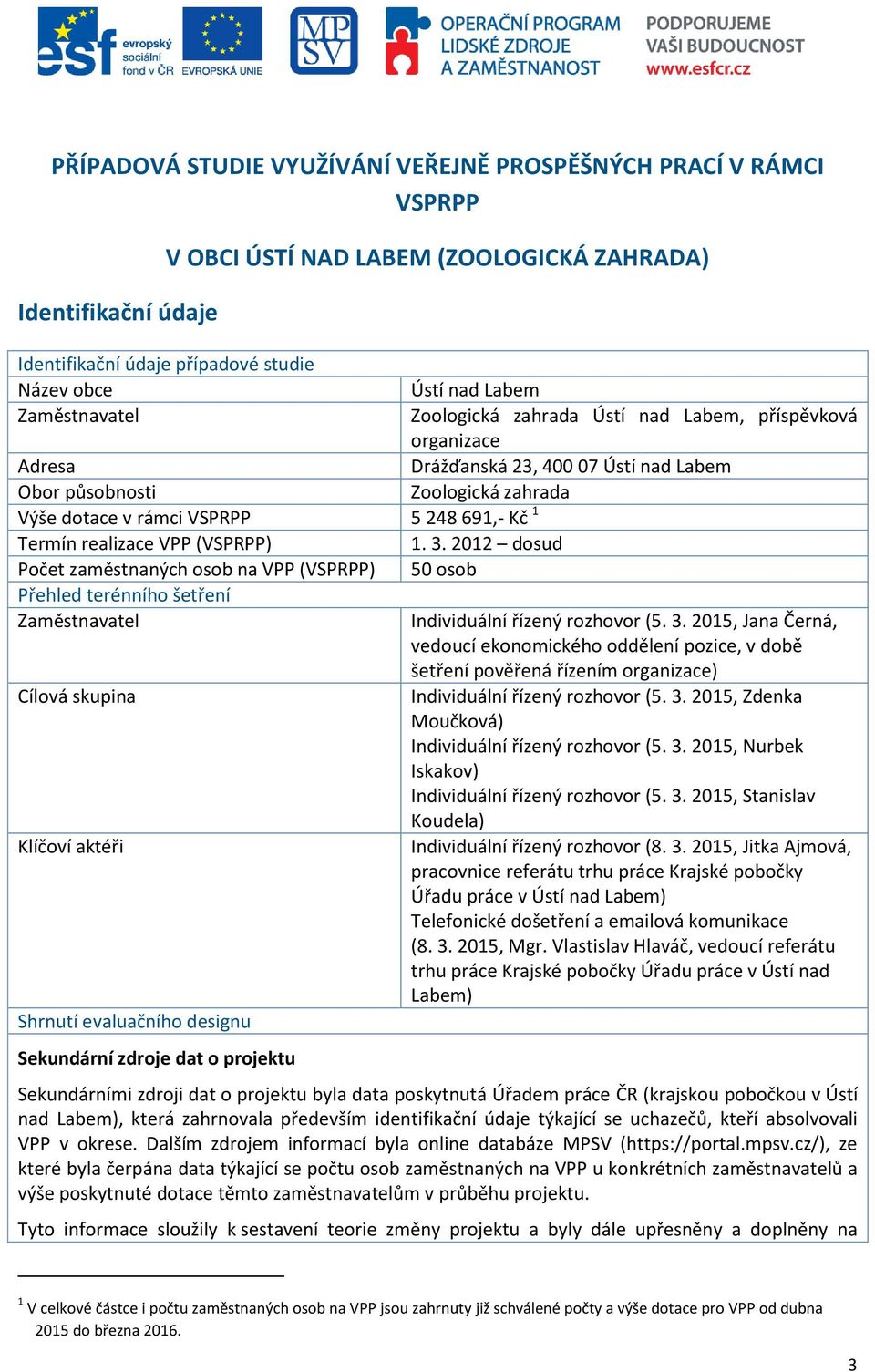 Termín realizace VPP (VSPRPP) 1. 3. 2012 dosud Počet zaměstnaných osob na VPP (VSPRPP) 50 osob Přehled terénního šetření Zaměstnavatel Individuální řízený rozhovor (5. 3. 2015, Jana Černá, vedoucí ekonomického oddělení pozice, v době šetření pověřená řízením organizace) Cílová skupina Individuální řízený rozhovor (5.