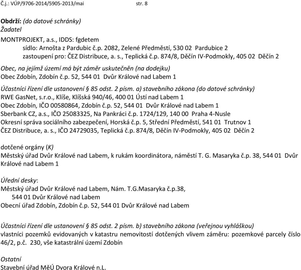p. 52, 544 01 Dvůr Králové nad Labem 1 Účastníci řízení dle ustanovení 85 odst. 2 písm. a) stavebního zákona (do datové schránky) RWE GasNet, s.r.o., Klíše, Klíšská 940/46, 400 01 Ústí nad Labem 1 Obec Zdobín, IČO 00580864, Zdobín č.