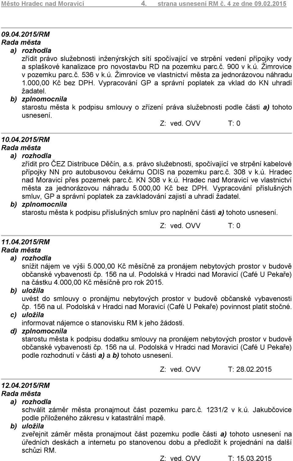 ú. Žimrovice ve vlastnictví města za jednorázovou náhradu 1.000,00 Kč bez DPH. Vypracování GP a správní poplatek za vklad do KN uhradí žadatel.