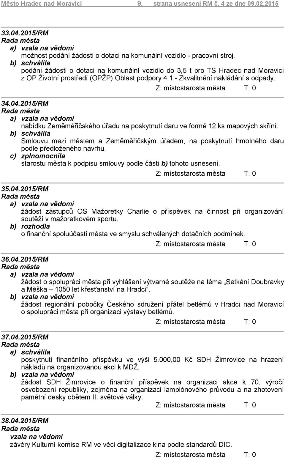 2015/RM nabídku Zeměměřičského úřadu na poskytnutí daru ve formě 12 ks mapových skříní. Smlouvu mezi městem a Zeměměřičským úřadem, na poskytnutí hmotného daru podle předloženého návrhu.