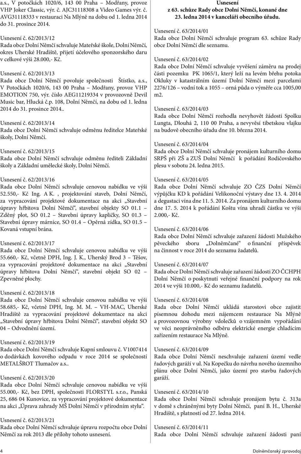 62/2013/13 Rada obce Dolní Němčí povoluje společnosti Štístko, a.s., V Potočkách 1020/6, 143 00 Praha Modřany, provoz VHP EMOTION 750, výr. číslo AEG11219334 v provozovně Devil Music bar, Hlucká č.p. 108, Dolní Němčí, na dobu od 1.