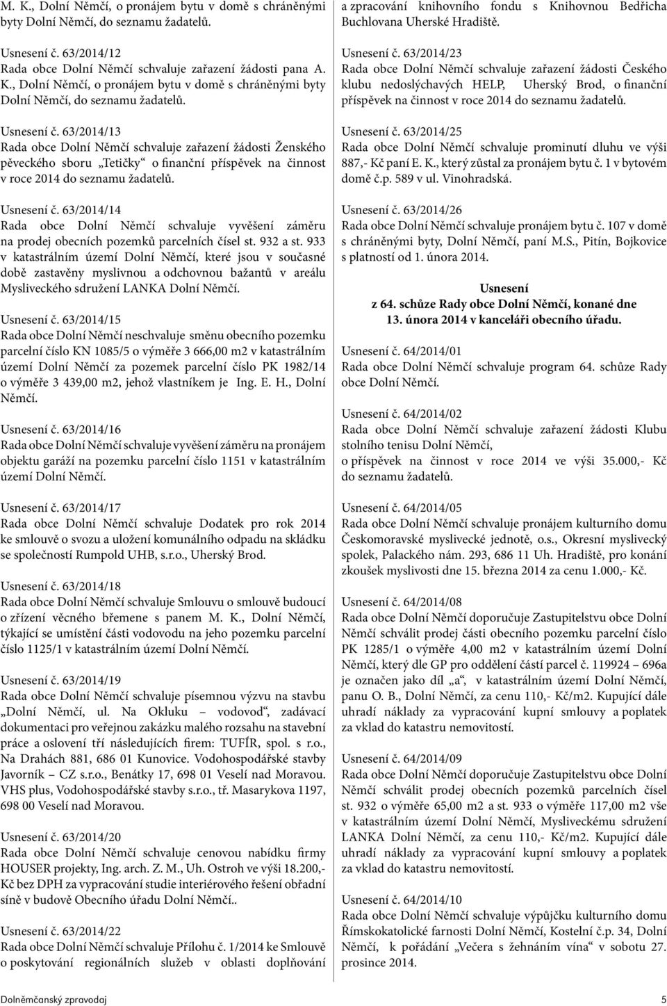 63/2014/13 Rada obce Dolní Němčí schvaluje zařazení žádosti Ženského pěveckého sboru Tetičky o finanční příspěvek na činnost v roce 2014 do seznamu žadatelů. Usnesení č.