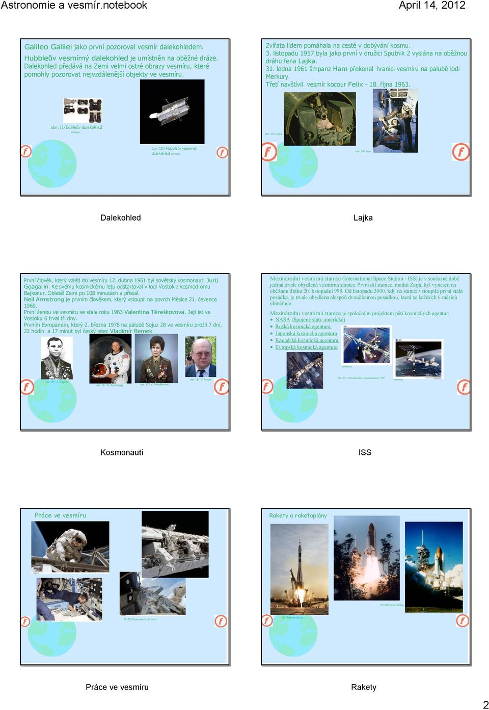 listopadu 1957 byla jako první v družici Sputnik 2 vyslána na oběžnou dráhu fena Lajka. 31. ledna 1961 šmpanz Ham překonal hranici vesmíru na palubě lodi Merkury.