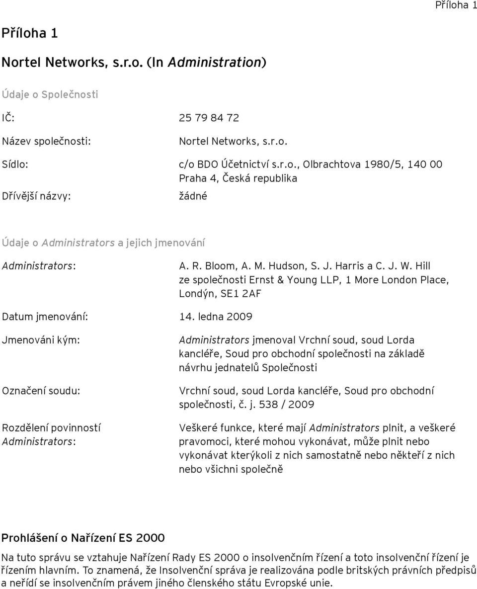 ledna 2009 Jmenováni kým: Označení soudu: Rozdělení povinností Administrators: Administrators jmenoval Vrchní soud, soud Lorda kancléře, Soud pro obchodní společnosti na základě návrhu jednatelů