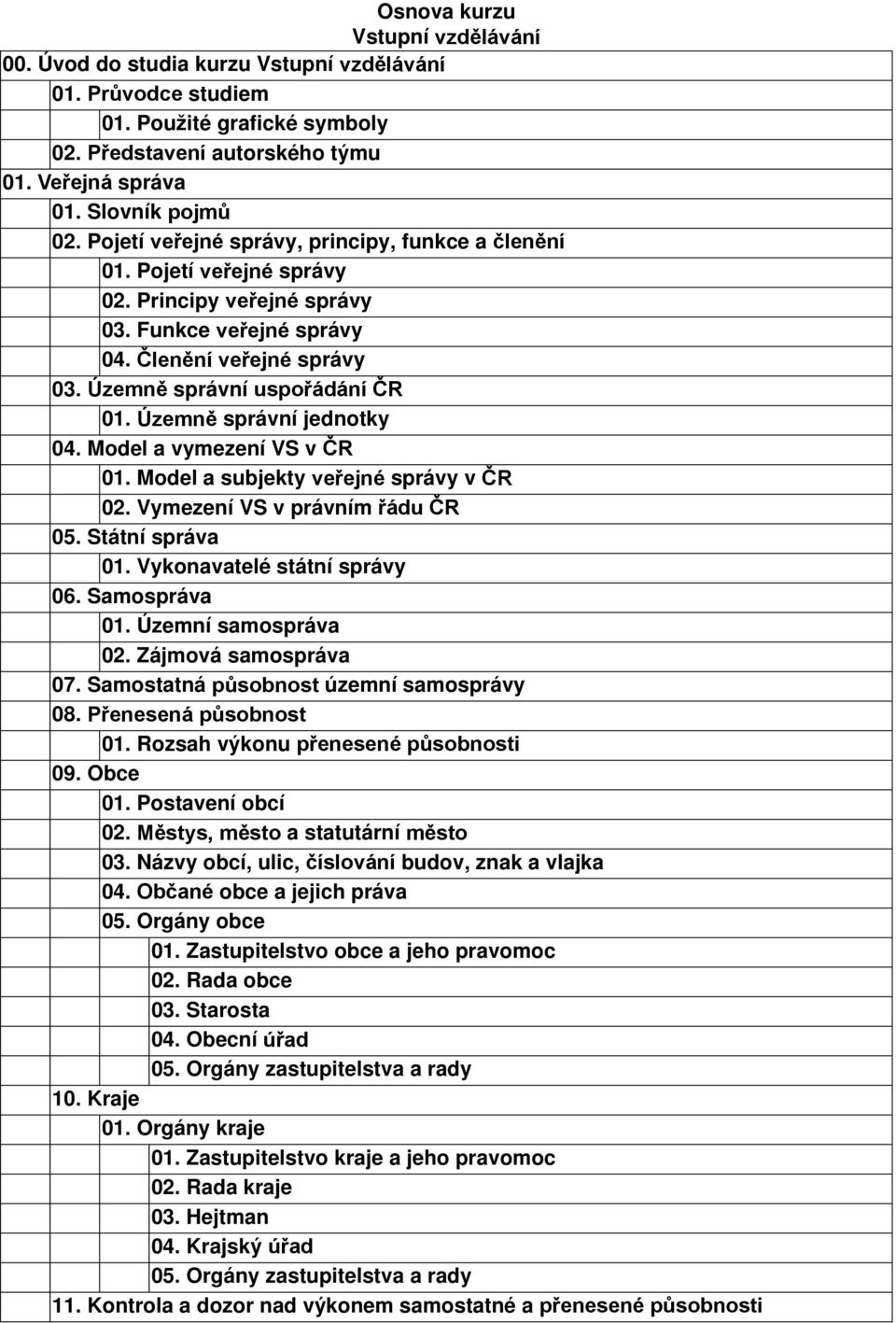 Územně správní jednotky 04. Model a vymezení VS v ČR 01. Model a subjekty veřejné správy v ČR 02. Vymezení VS v právním řádu ČR 05. Státní správa 01. Vykonavatelé státní správy 06. Samospráva 01.