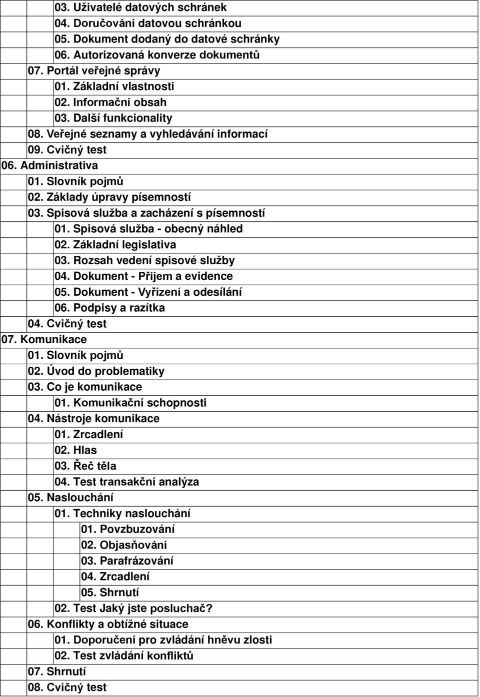 Spisová služba - obecný náhled 02. Základní legislativa 03. Rozsah vedení spisové služby 04. Dokument - Příjem a evidence 05. Dokument - Vyřízení a odesílání 06. Podpisy a razítka 04. Cvičný test 07.