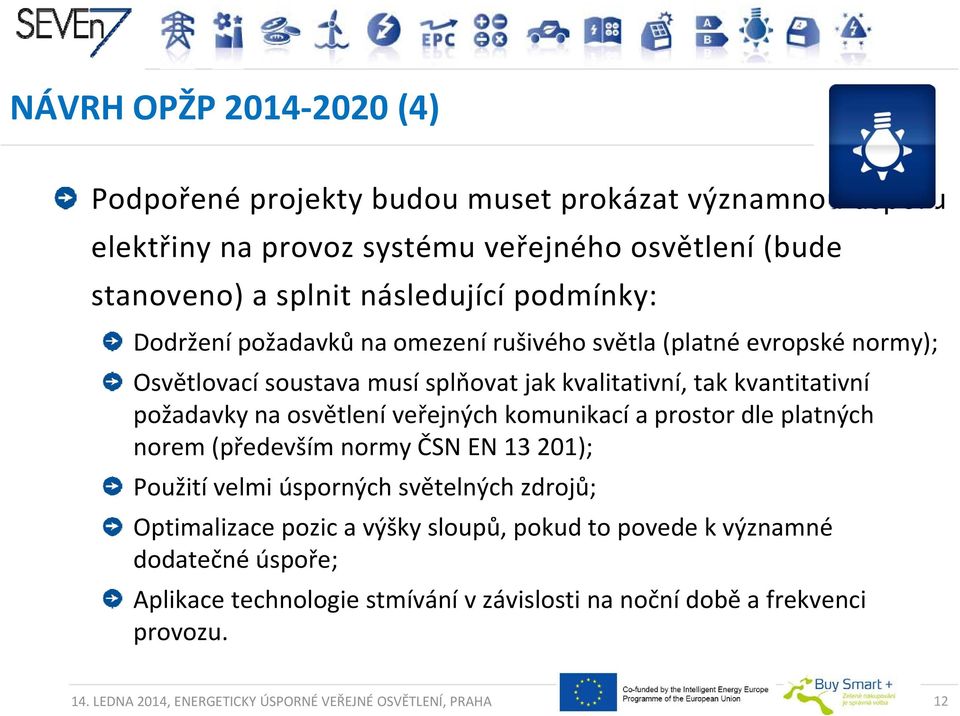 osvětlení veřejných komunikací a prostor dle platných norem (především normy ČSN EN 13 201); Použití velmi úsporných světelných zdrojů; Optimalizace pozic a výšky sloupů,