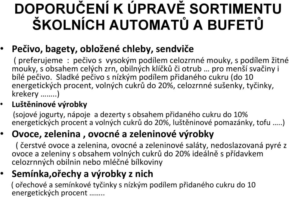 .) Luštěninové výrobky (sojové jogurty, nápoje a dezerty s obsahem přidaného cukru do 10% energetických procent a volných cukrů do 20%, luštěninové pomazánky, tofu.