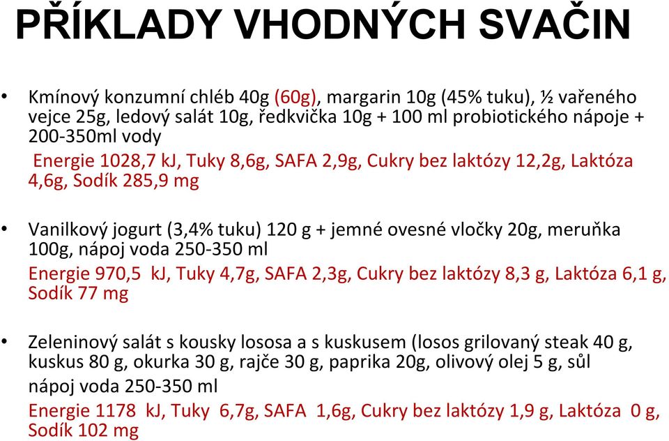 voda 250 350 ml Energie 970,5 kj, Tuky 4,7g, SAFA 2,3g, Cukry bez laktózy 8,3 g, Laktóza 6,1 g, Sodík 77 mg Zeleninový salát s kousky lososa a s kuskusem (losos grilovaný steak 40