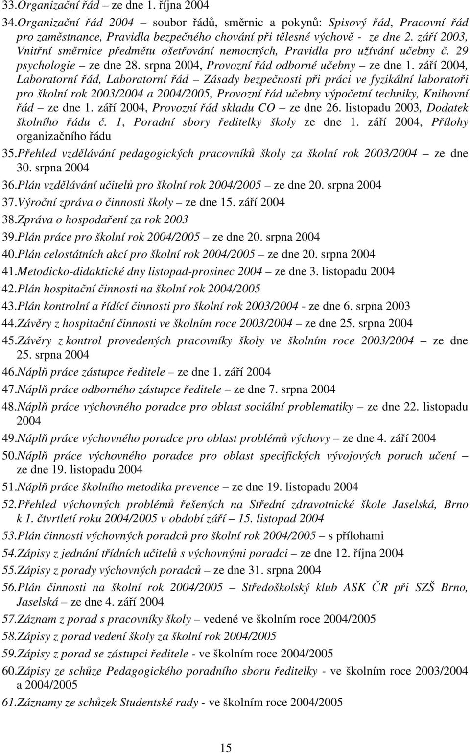 záí 2004, Laboratorní ád, Laboratorní ád Zásady bezpenosti pi práci ve fyzikální laboratoi pro školní rok 2003/2004 a 2004/2005, Provozní ád uebny výpoetní techniky, Knihovní ád ze dne 1.