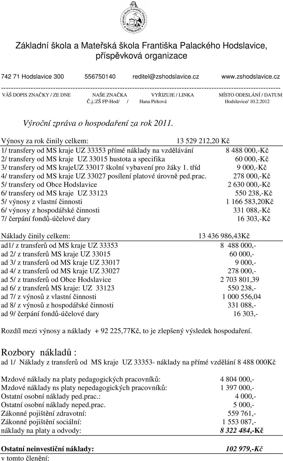 cz ----------------------------------------------------------------------------------------------------------------- VÁŠ DOPIS ZNAČKY / ZE DNE NAŠE ZNAČKA VYŘIZUJE / LINKA MÍSTO ODESLÁNÍ / DATUM Č.j.