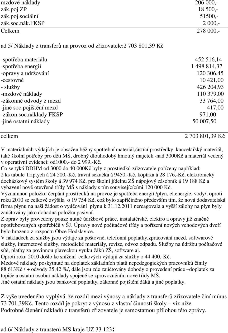 fksp 2 000,- Celkem 278 000,- ad 5/ Náklady z transferů na provoz od zřizovatele:2 703 801,39 Kč -spotřeba materiálu 452 516,14 -spotřeba energií 1 498 814,37 -opravy a udržování 120 306,45 -cestovné