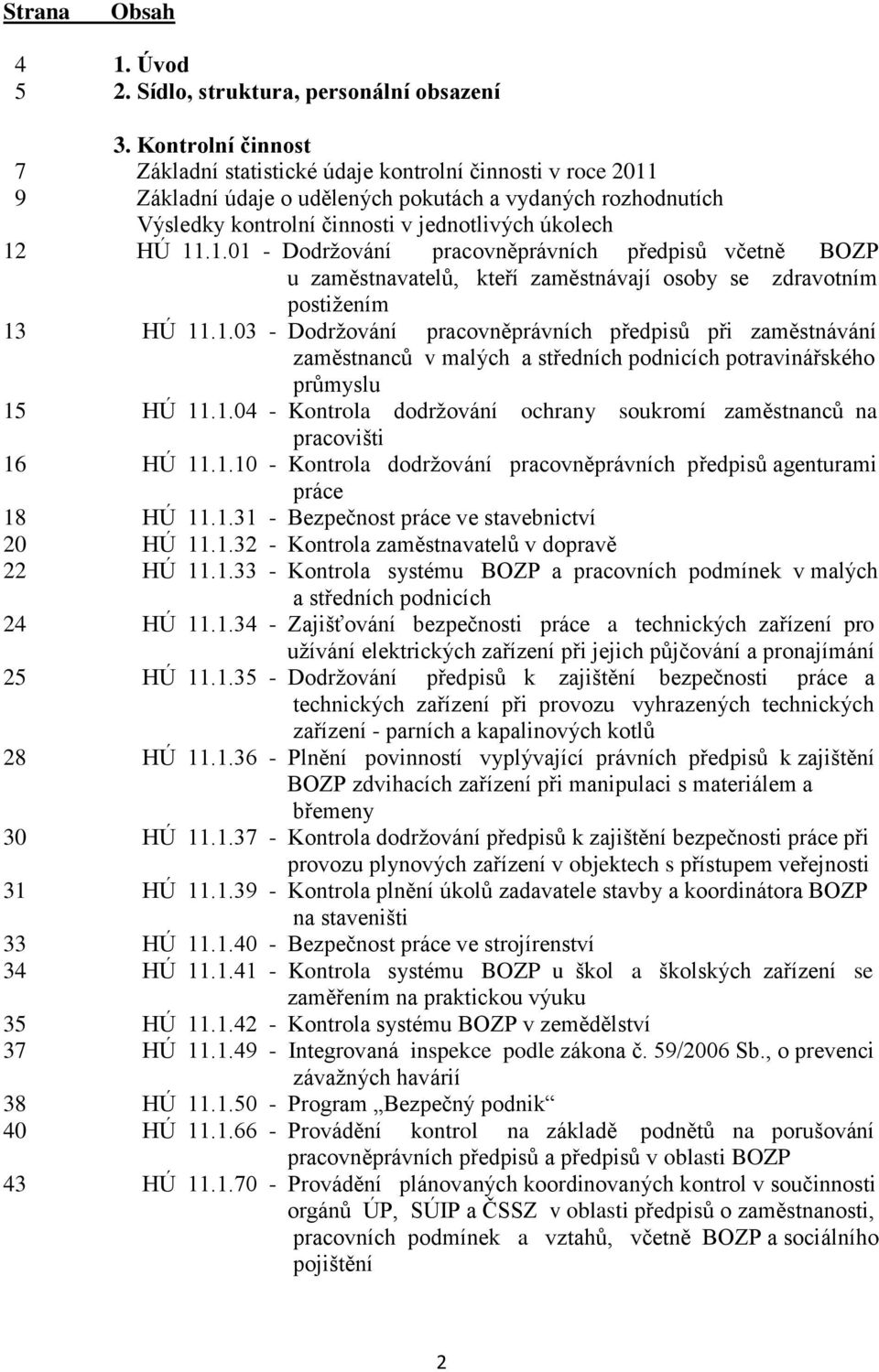 1.01 - Dodržování pracovněprávních předpisů včetně BOZP u zaměstnavatelů, kteří zaměstnávají osoby se zdravotním postižením 13 HÚ 11.1.03 - Dodržování pracovněprávních předpisů při zaměstnávání zaměstnanců v malých a středních podnicích potravinářského průmyslu 15 HÚ 11.