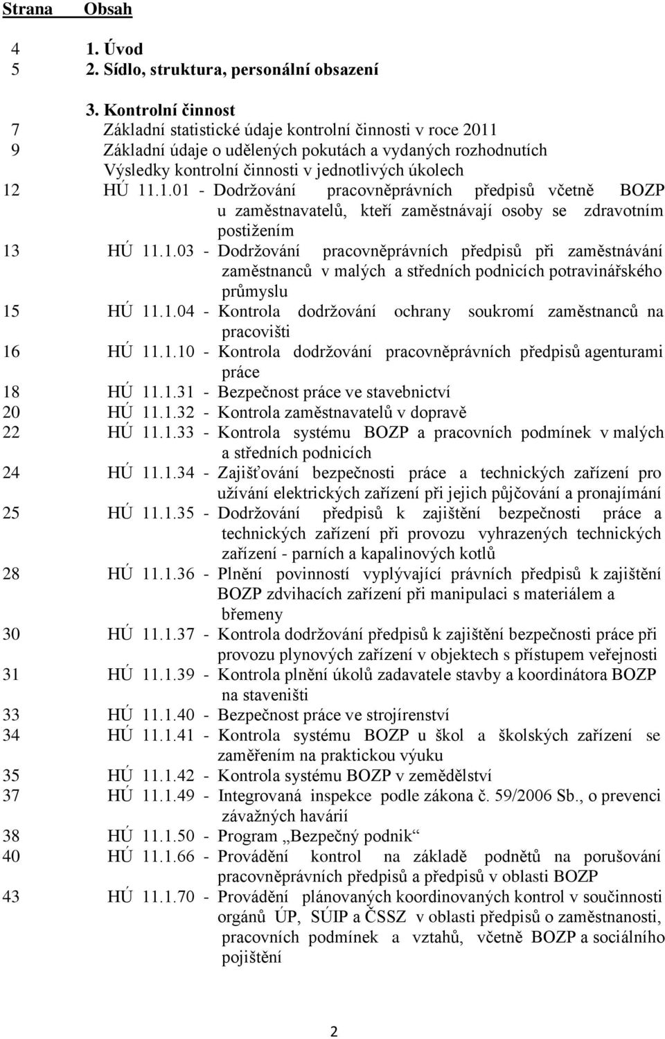 1.01 - Dodržování pracovněprávních předpisů včetně BOZP u zaměstnavatelů, kteří zaměstnávají osoby se zdravotním postižením 13 HÚ 11.1.03 - Dodržování pracovněprávních předpisů při zaměstnávání zaměstnanců v malých a středních podnicích potravinářského průmyslu 15 HÚ 11.