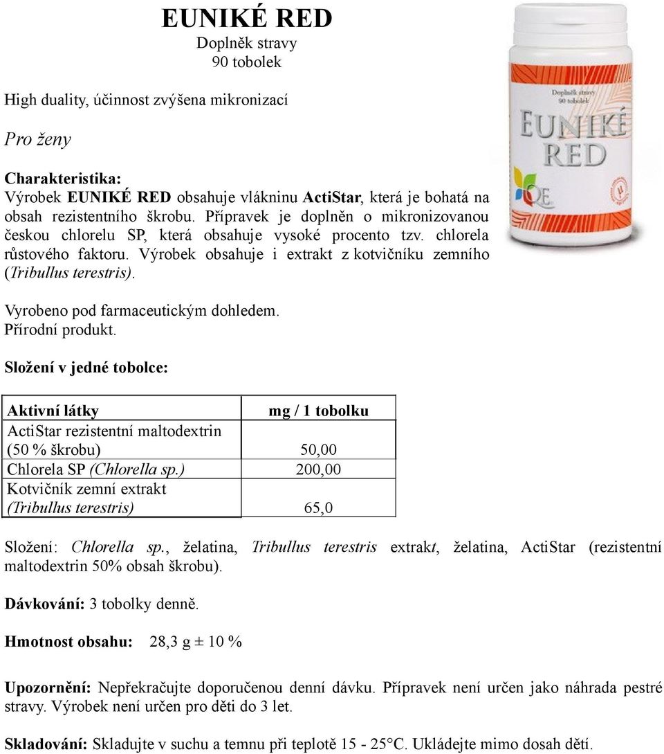 Výrobek obsahuje i extrakt z kotvičníku zemního (Tribullus terestris). ActiStar rezistentní maltodextrin (50 % škrobu) 50,00 Chlorela SP (Chlorella sp.