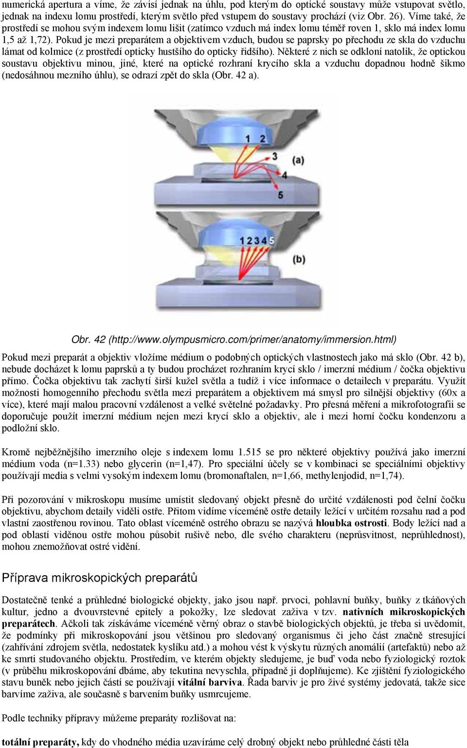 Pokud je mezi preparátem a objektivem vzduch, budou se paprsky po přechodu ze skla do vzduchu lámat od kolmice (z prostředí opticky hustšího do opticky řidšího).