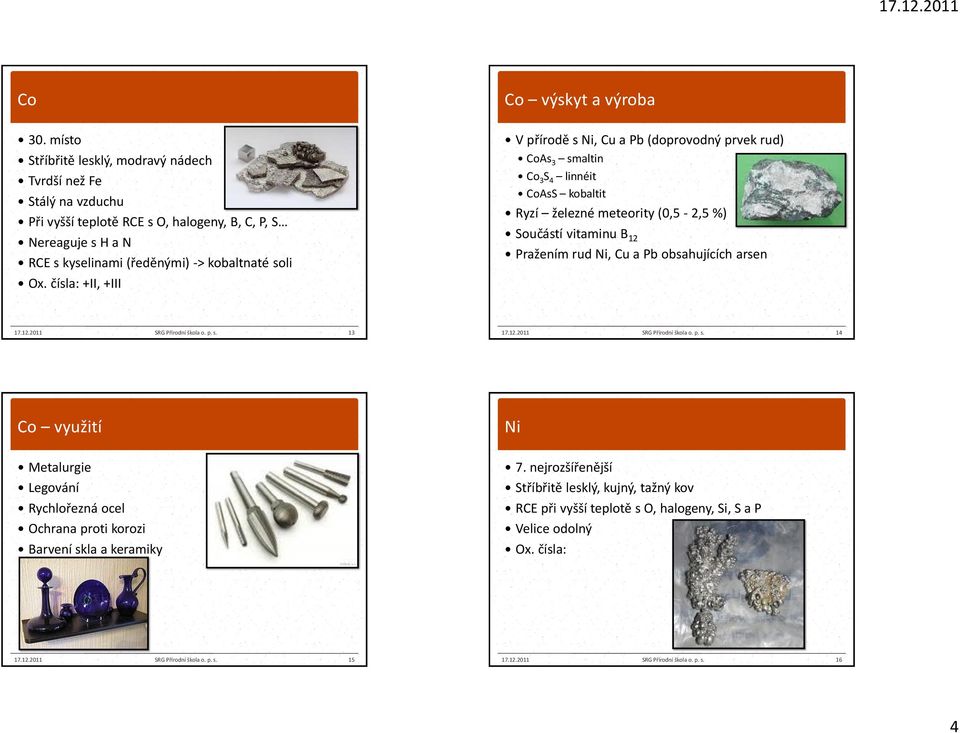 čísla: +II, +III V přírodě s Ni, Cu a Pb (doprovodný prvek rud) CoAs 3 smaltin Co 3 S 4 linnéit CoAsS kobaltit Ryzí železné meteority (0,5-2,5 %) Součástí vitaminu B 12 Pražením rud Ni, Cu a Pb
