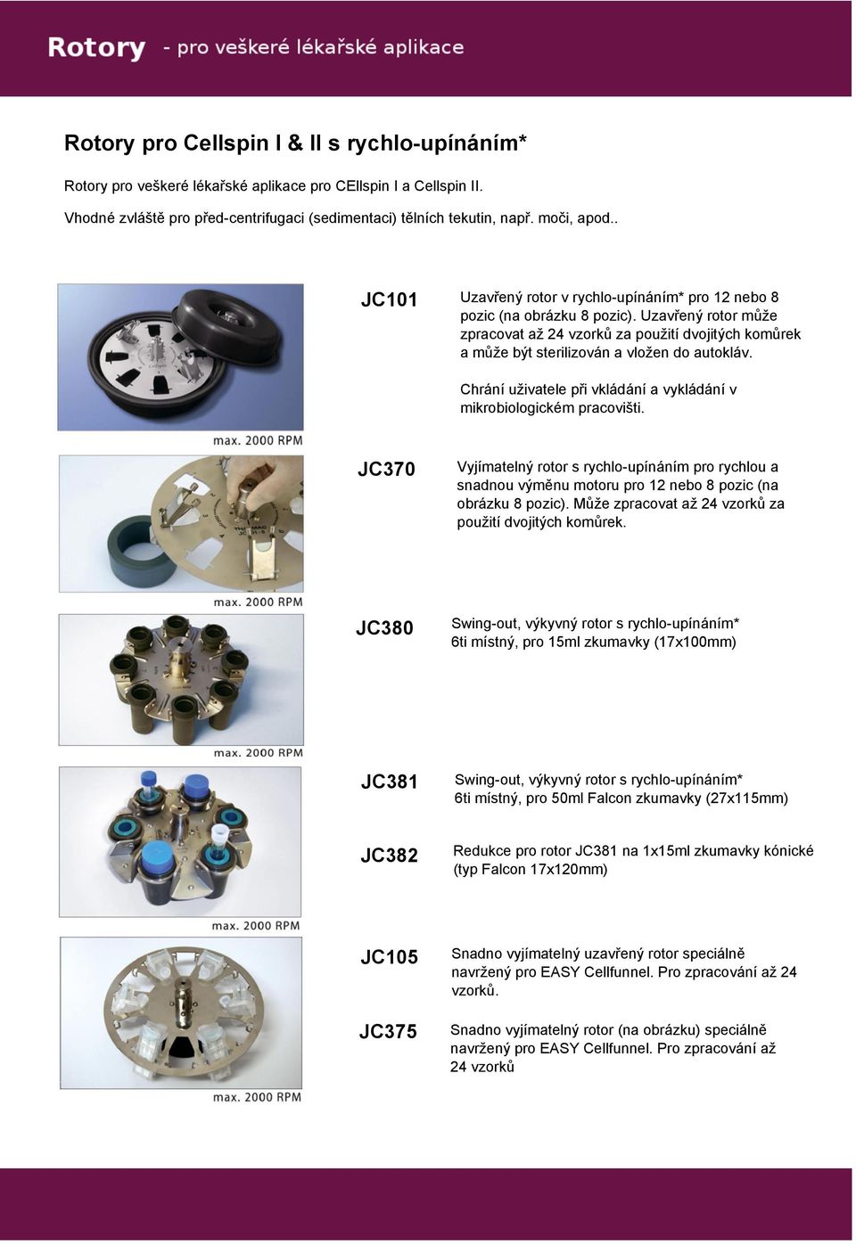 Uzavřený rotor může zpracovat až 24 vzorků za použití dvojitých komůrek a může být sterilizován a vložen do autokláv. Chrání uživatele při vkládání a vykládání v mikrobiologickém pracovišti.