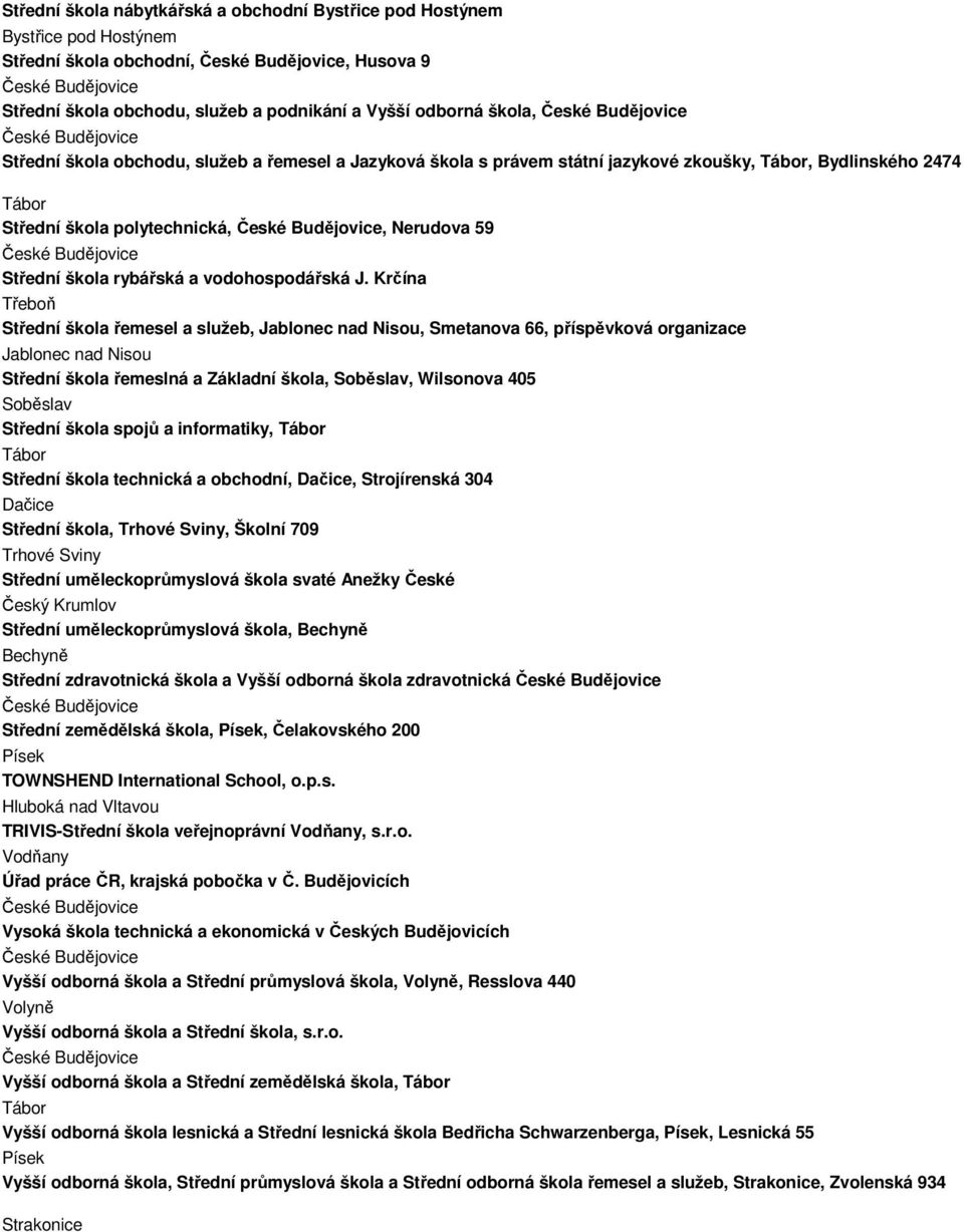 Krčína Třeboň Střední škola řemesel a služeb, Jablonec nad Nisou, Smetanova 66, příspěvková organizace Jablonec nad Nisou Střední škola řemeslná a Základní škola, Soběslav, Wilsonova 405 Soběslav