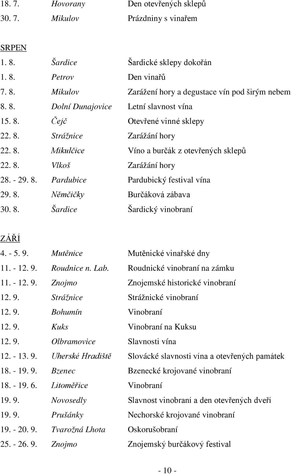 8. Němčičky Burčáková zábava 30. 8. Šardice Šardický vinobraní ZÁŘÍ 4. - 5. 9. Mutěnice Mutěnické vinařské dny 11. - 12. 9. Roudnice n. Lab. Roudnické vinobraní na zámku 11. - 12. 9. Znojmo Znojemské historické vinobraní 12.