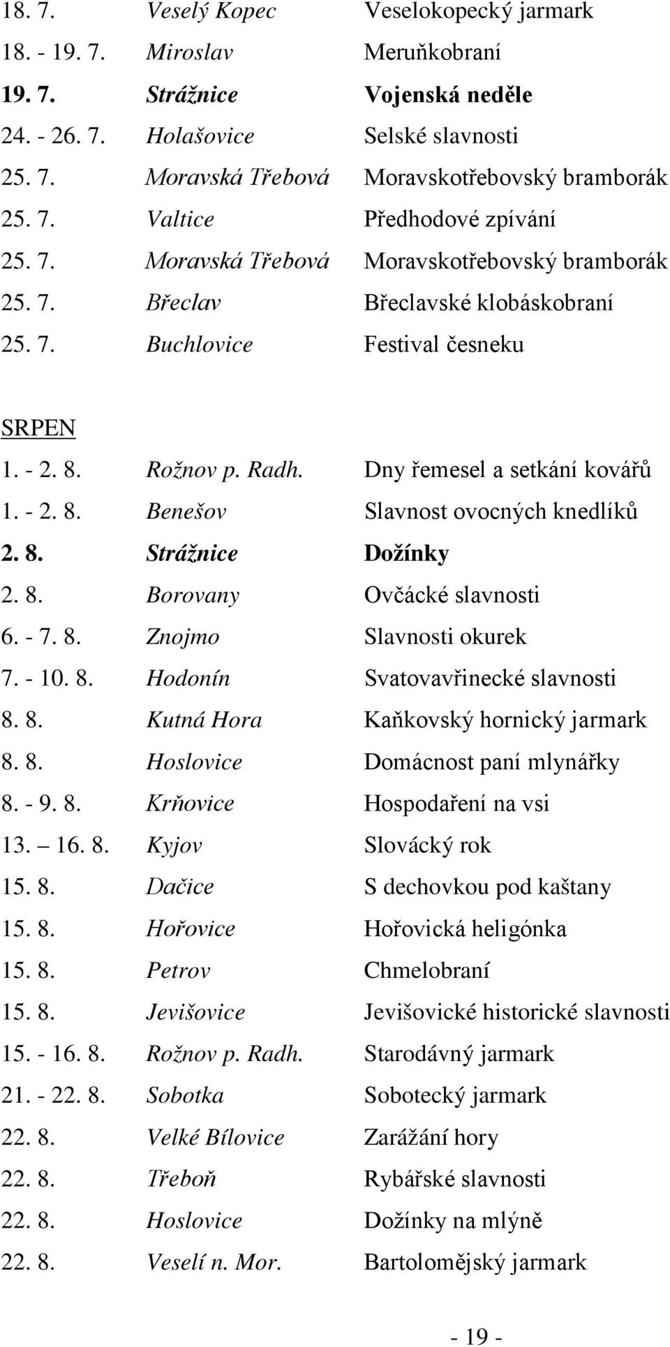 Dny řemesel a setkání kovářů 1. - 2. 8. Benešov Slavnost ovocných knedlíků 2. 8. Strážnice Dožínky 2. 8. Borovany Ovčácké slavnosti 6. - 7. 8. Znojmo Slavnosti okurek 7. - 10. 8. Hodonín Svatovavřinecké slavnosti 8.