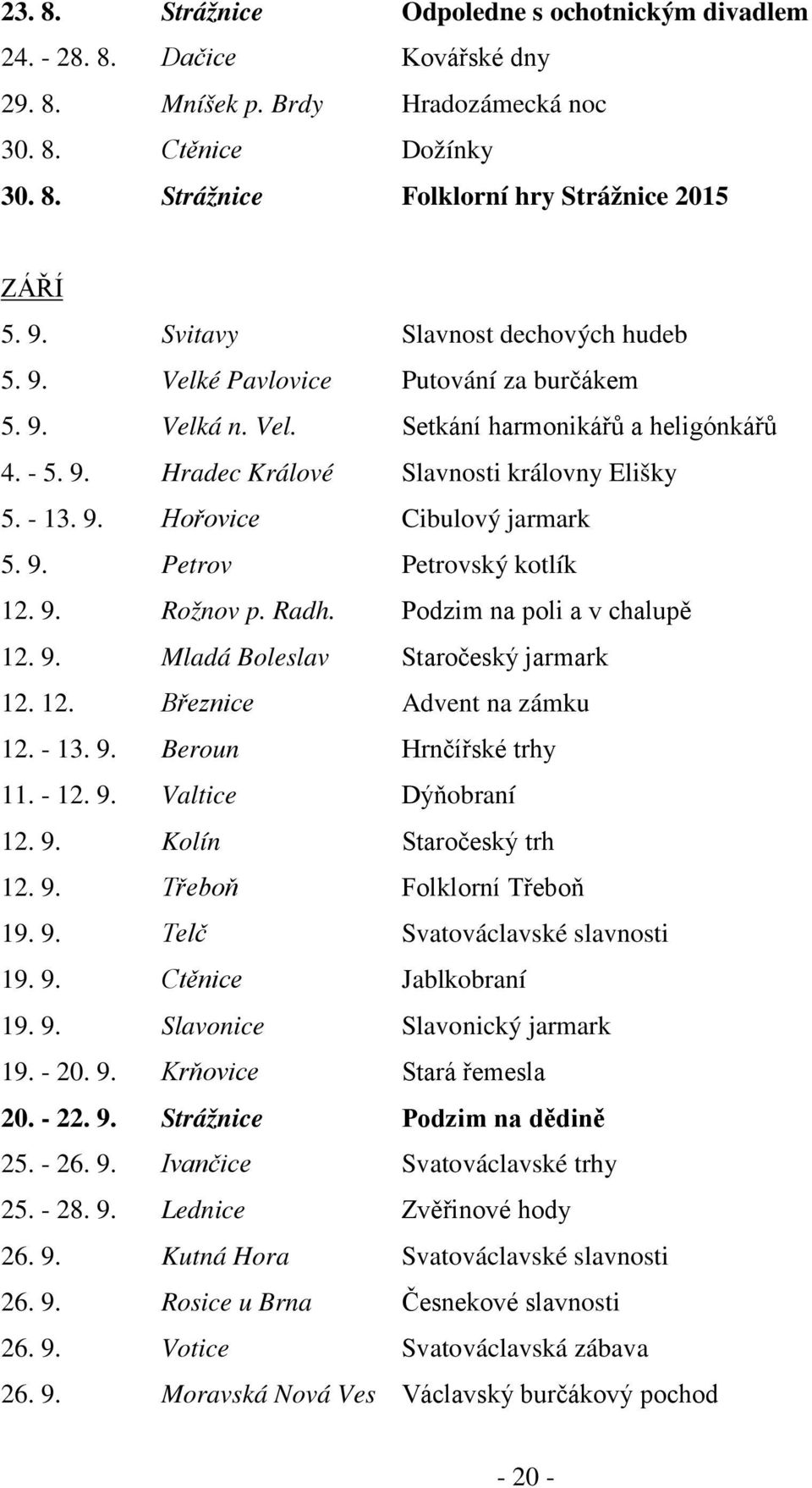 9. Petrov Petrovský kotlík 12. 9. Rožnov p. Radh. Podzim na poli a v chalupě 12. 9. Mladá Boleslav Staročeský jarmark 12. 12. Březnice Advent na zámku 12. - 13. 9. Beroun Hrnčířské trhy 11. - 12. 9. Valtice Dýňobraní 12.