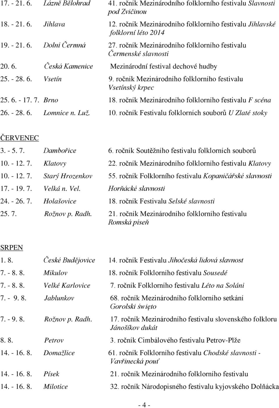 ročník Mezinárodního folklorního festivalu Vsetínský krpec 25. 6. - 17. 7. Brno 18. ročník Mezinárodního folklorního festivalu F scéna 26. - 28. 6. Lomnice n. Luž. 10.