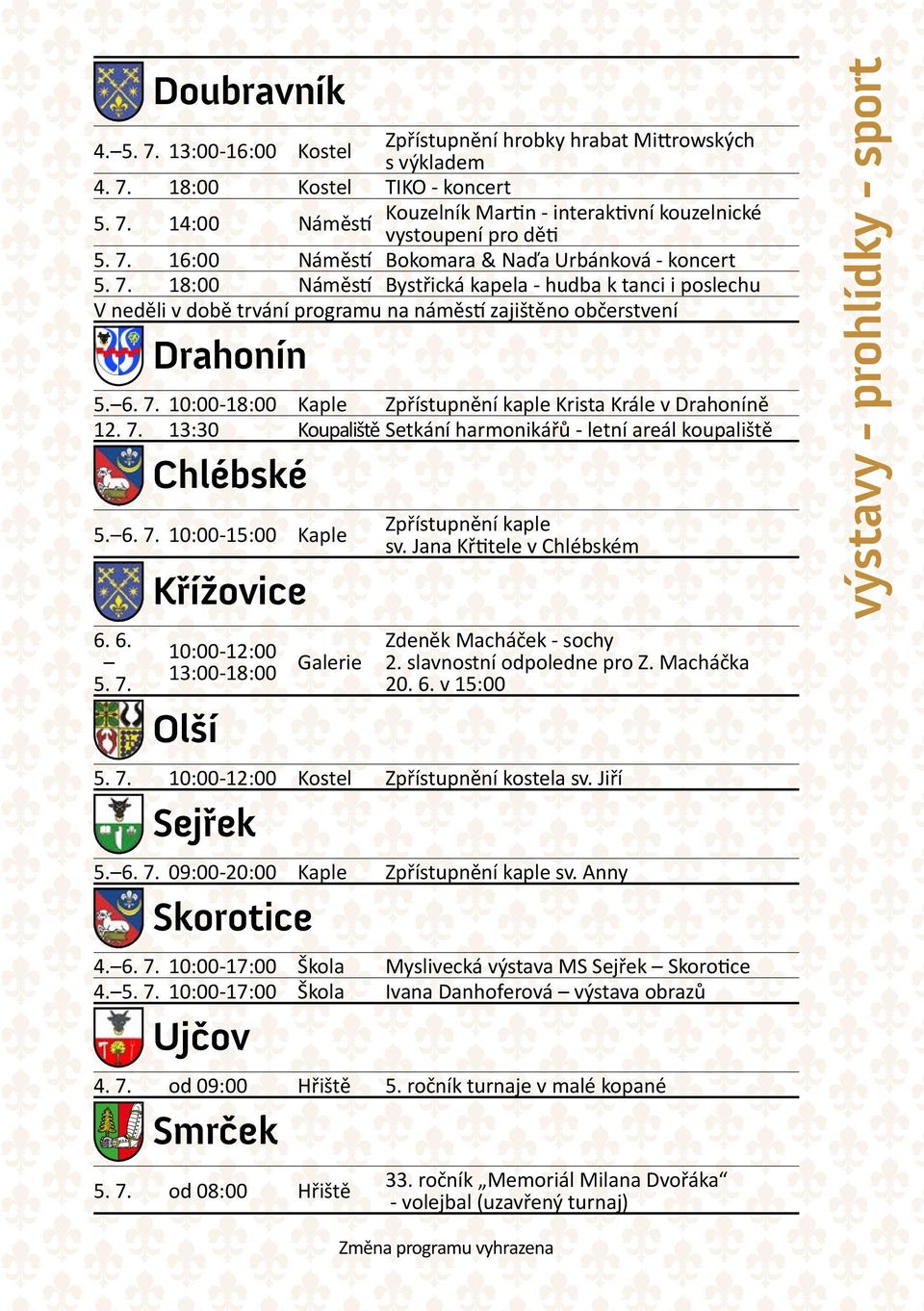 7. 13:30 Koupaliště Setkání harmonikářů - letní areál koupaliště Chlébské 5. 6. 7. 10:00-15:00 Kaple 6. 6. 5. 7. Křížovice Zpřístupnění kaple sv.