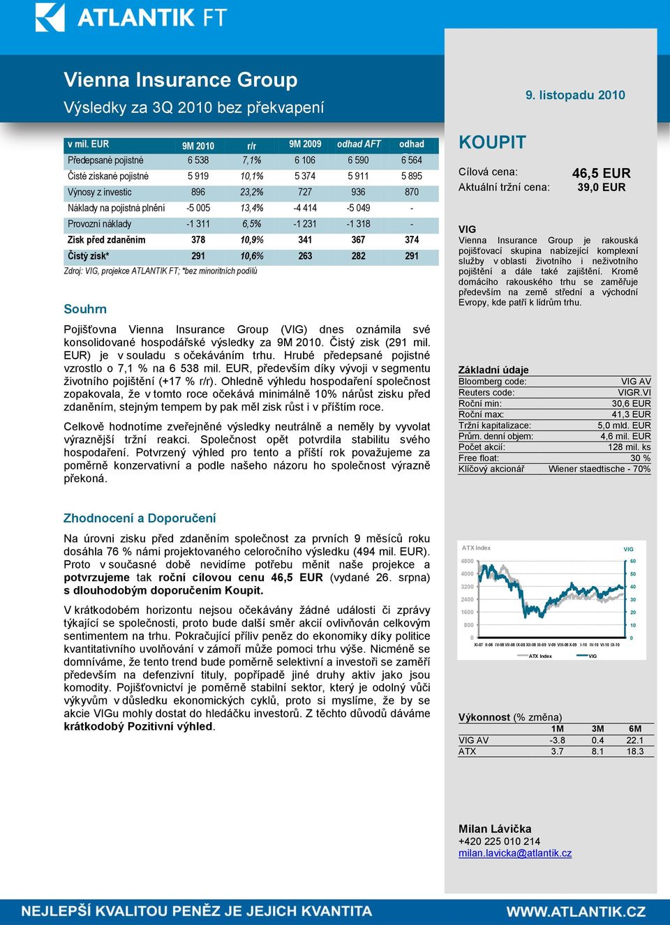 pojistná plnění -5 005 13,4% -4 414-5 049 - Provozní náklady -1 311 6,5% -1 231-1 318 - Zisk před zdaněním 378 10,9% 341 367 374 Čistý zisk* 291 10,6% 263 282 291 Zdroj:, projekce ATLANTIK FT; *bez