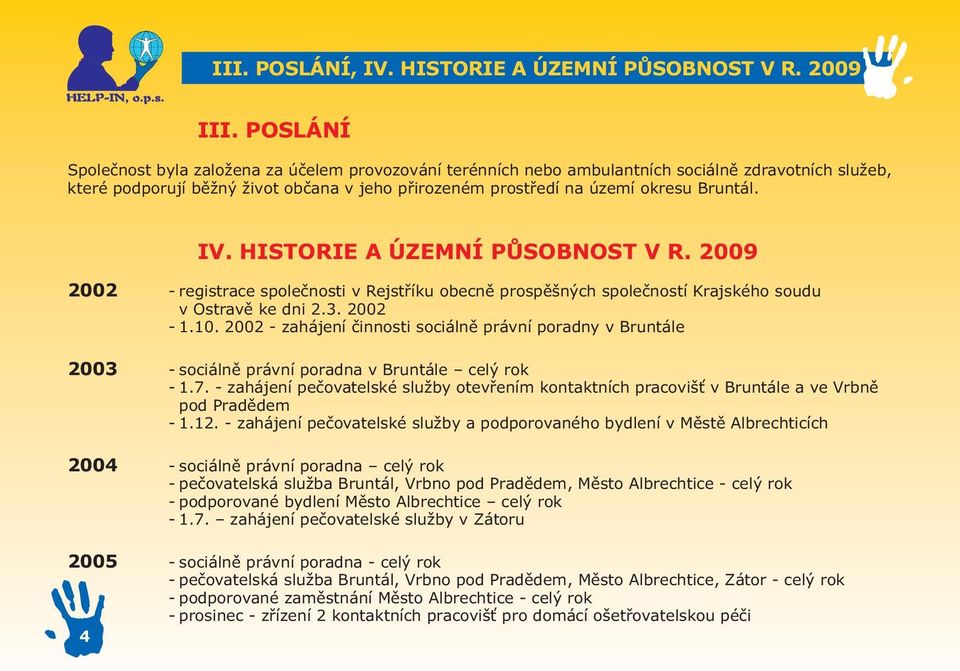 IV. HISTORIE A ÚZEMNÍ PŮSOBNOST V R. 2009 2002 - registrace společnosti v Rejstříku obecně prospěšných společností Krajského soudu v Ostravě ke dni 2.3. 2002-1.10.