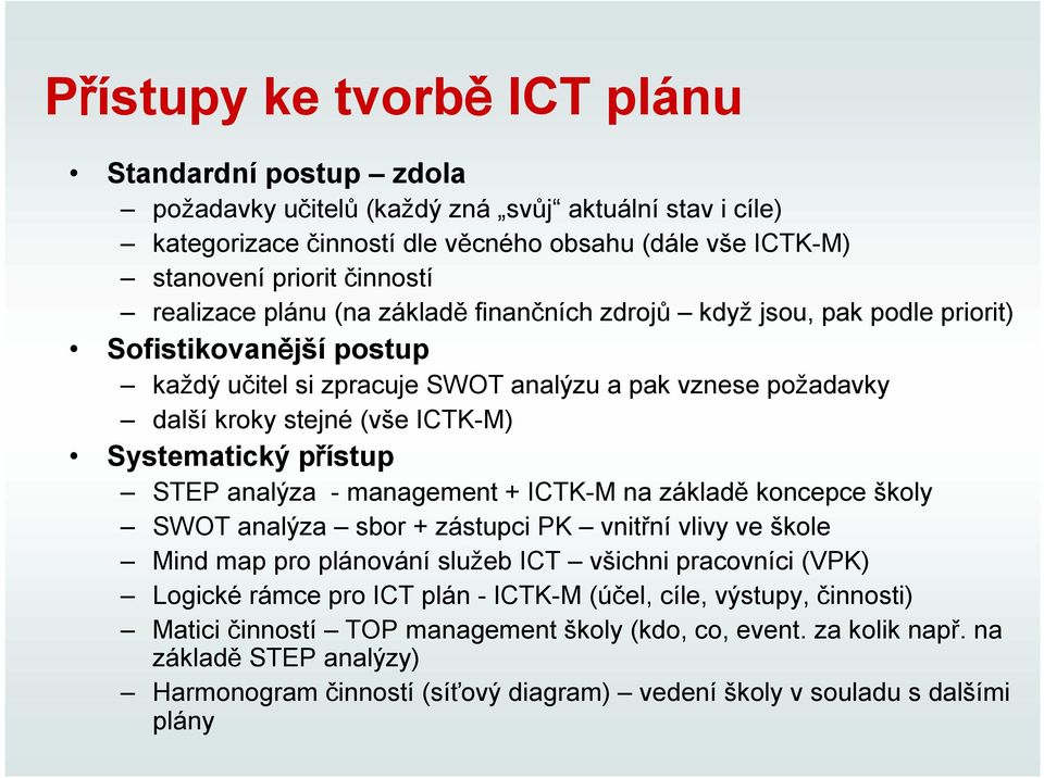 Systematický přístup STEP analýza -management + ICTK-M na základě koncepce školy SWOT analýza sbor + zástupci PK vnitřní vlivy ve škole Mind map pro plánování služeb ICT všichni pracovníci (VPK)