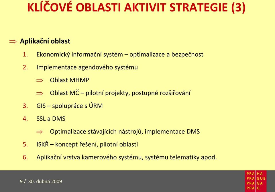 Implementace agendového systému Oblast MHMP Oblast MČ pilotní projekty, postupné rozšiřování 3.