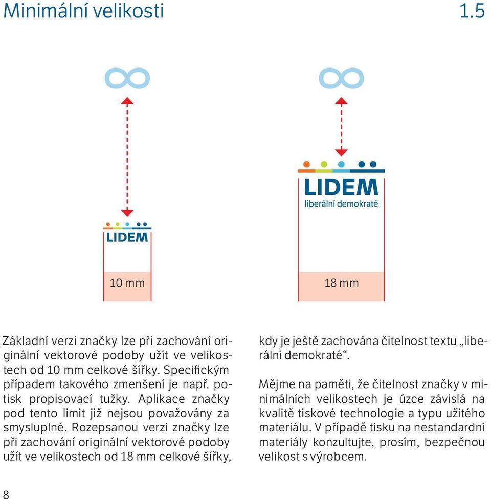 Rozepsanou verzi značky lze při zachování originální vektorové podoby užít ve velikostech od 18 mm celkové šířky, kdy je ještě zachována čitelnost textu liberální demokraté.