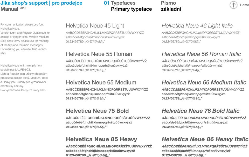 Light a Regular jsou určeny především pro sazbu delších textů. Medium, Bold a Heavy jsou určeny pro vyznačování, mezititulky a titulky. Pro vyznačování lze využít i řezy Italic.