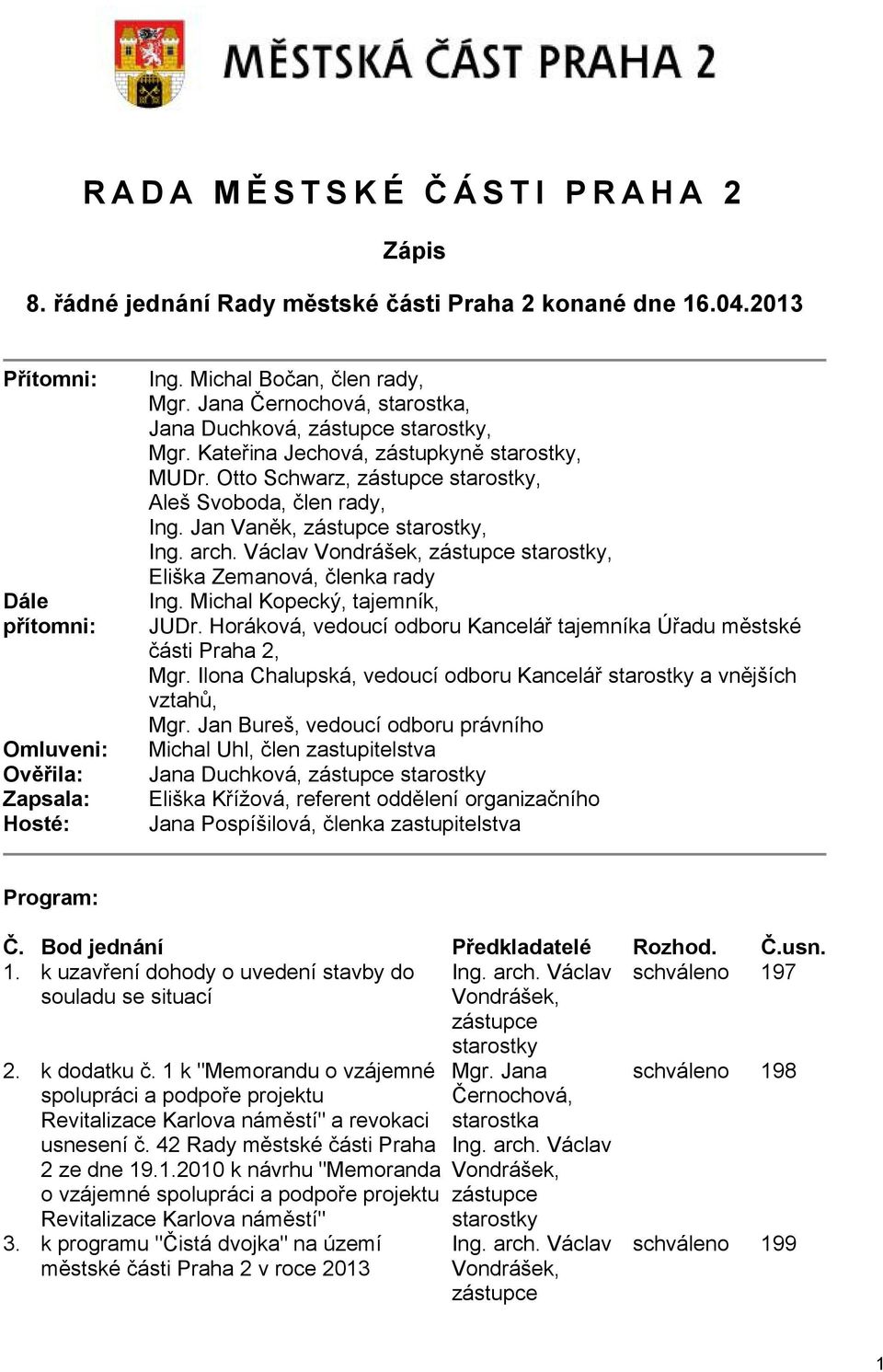 Jan Vaněk, zástupce starostky, Ing. arch. Václav Vondrášek, zástupce starostky, Eliška Zemanová, členka rady Ing. Michal Kopecký, tajemník, JUDr.