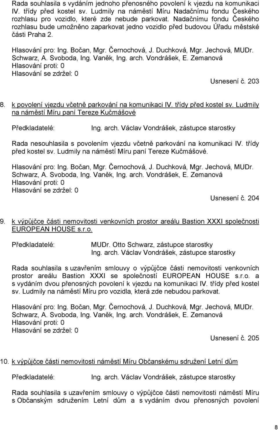Schwarz, A. Svoboda, Ing. Vaněk, Ing. arch. Vondrášek, E. Zemanová Hlasování proti: 0 Hlasování se zdržel: 0 Usnesení č. 203 8. k povolení vjezdu včetně parkování na komunikaci IV.