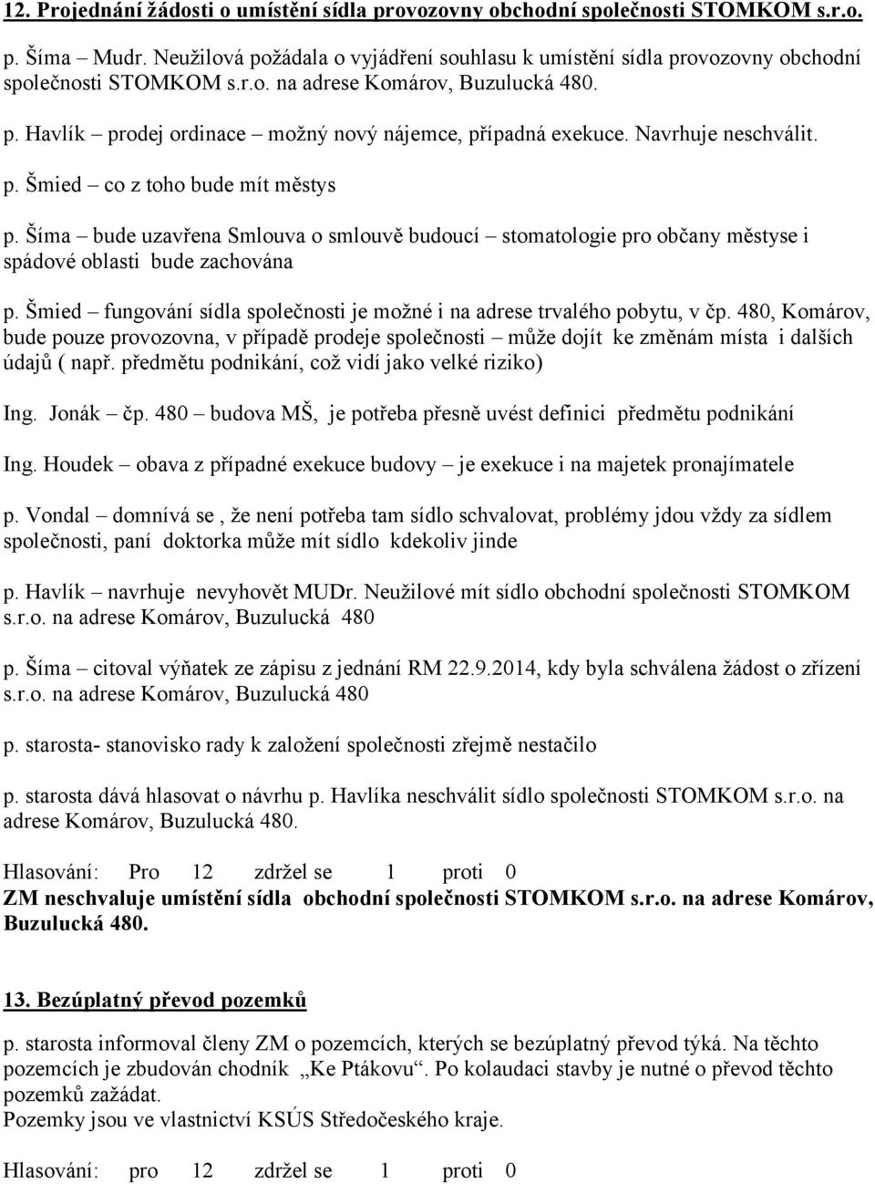 Šíma bude uzavřena Smlouva o smlouvě budoucí stomatologie pro občany městyse i spádové oblasti bude zachována p. Šmied fungování sídla společnosti je možné i na adrese trvalého pobytu, v čp.