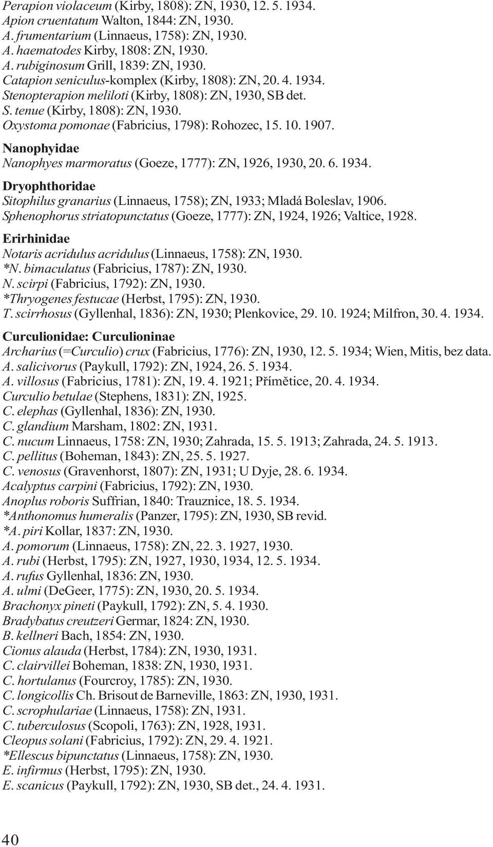 10. 1907. Nanophyidae Nanophyes marmoratus (Goeze, 1777): ZN, 1926, 1930, 20. 6. 1934. Dryophthoridae Sitophilus granarius (Linnaeus, 1758); ZN, 1933; Mladá Boleslav, 1906.