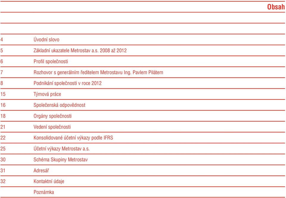 společnosti 21 Vedení společnosti 22 Konsolidované účetní výkazy podle IFRS 25 Účetní výkazy Metrostav a.